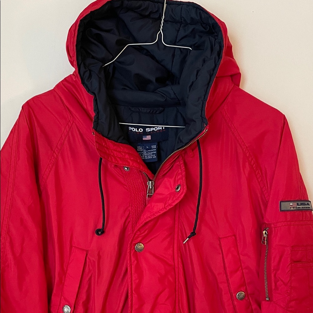 Polo sport by Ralph Lauren Men's Red Hooded Jacket size large snorkel parka